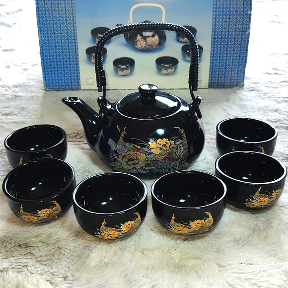 High Class Tea Pot Dining New Set Of 7 Tea Set Vintage Black And